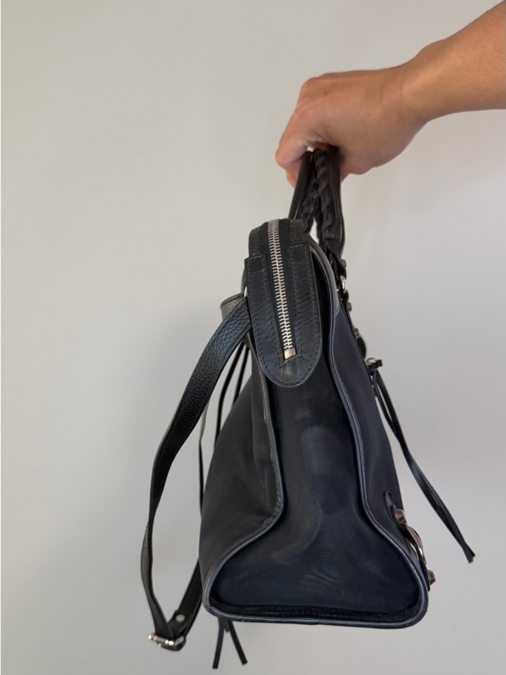 BALENCIAGA Mesh Calfskin Palladium City in Black - Picture 5 of 10